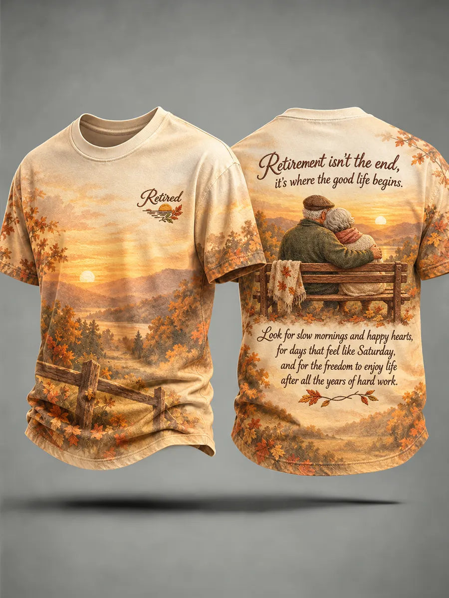 Unisex Retired Older Couple Art Printed T-Shirt