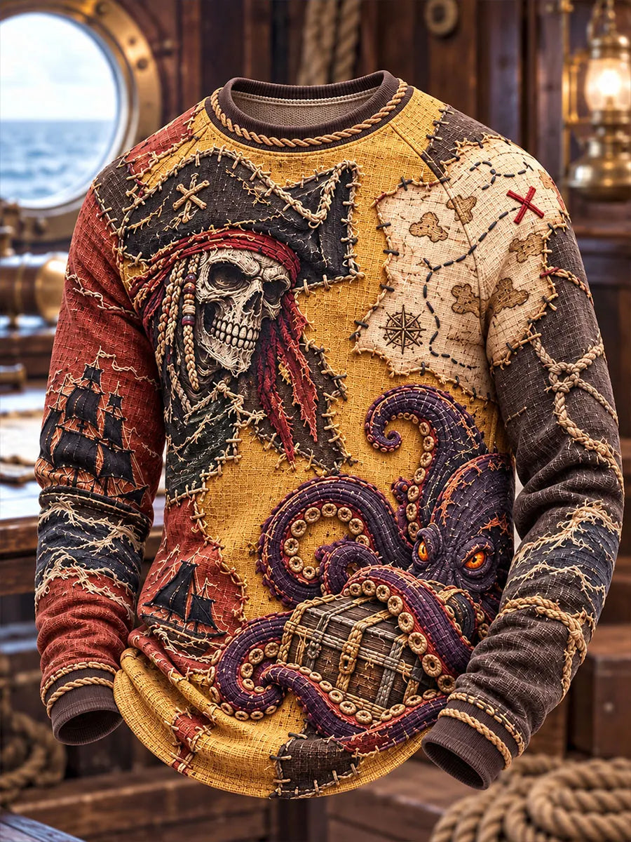 Patchwork Pirate Skull Octopus Treasure Chest Men's Long Sleeve Shirt