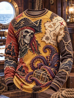 Patchwork Pirate Skull Octopus Treasure Chest Men's Long Sleeve Shirt