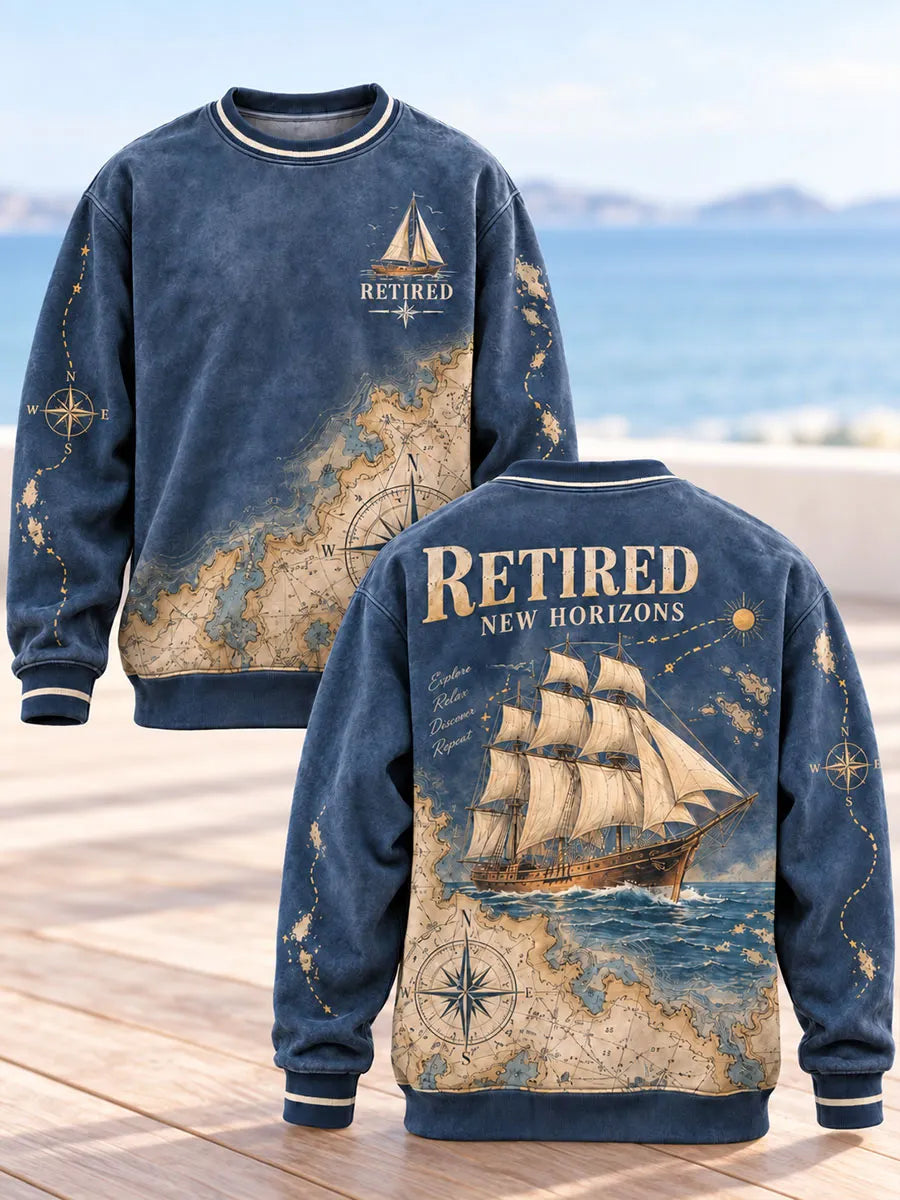 Men’s Retirement Sailing Ship & Nautical Map Crewneck Sweatshirt