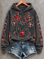 🦌 Dark Grey Plaid Distressed Christmas Reindeer Face Hoodie