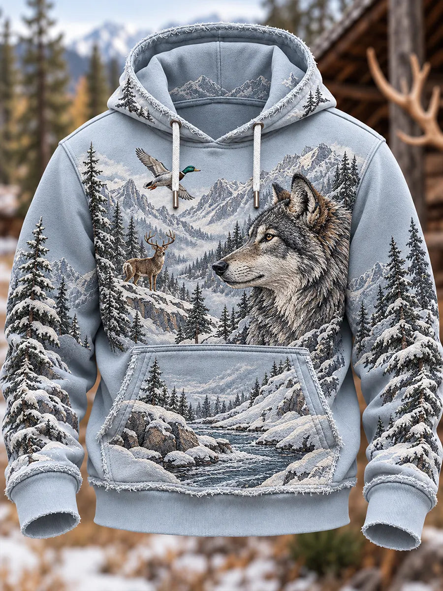 🐺 Snowy Mountain Wolf Deer & Mallard Duck Hoodie