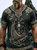 Men's retro cotton-linen T-shirt with Viking pirate skull print