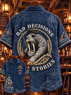 🍺"Bad Decisions Good Stories" Pirate Walrus Denim Shirt🦭