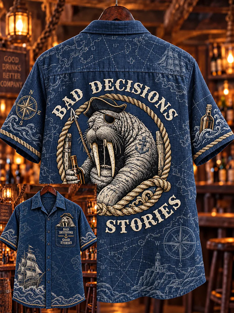 🍺"Bad Decisions Good Stories" Pirate Walrus Denim Shirt🦭