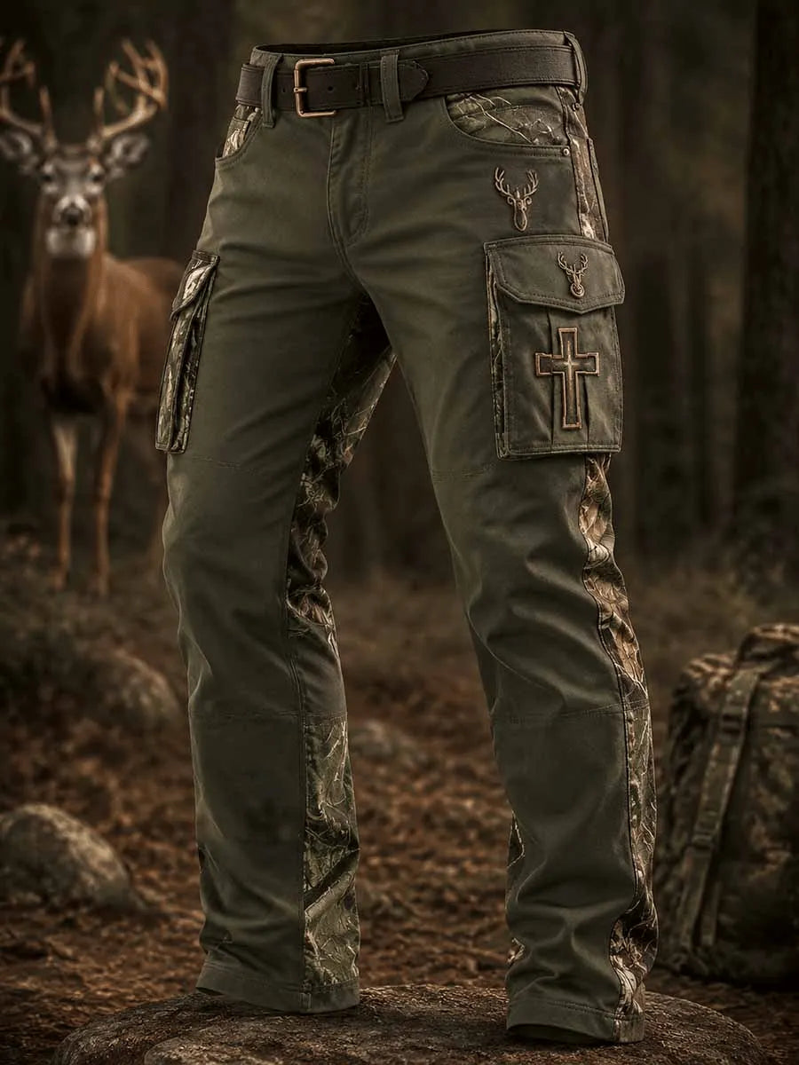 Men's Vintage Faith Traditional Reindeer Pattern Printed Multi-Pocket Cargo Casual Pants