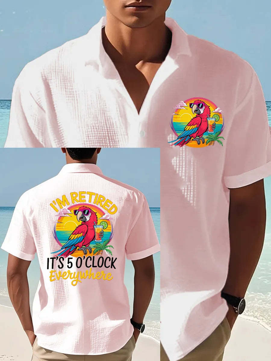 Men's I'm Retired It's 5 O'clock Everywhere Parrot Print Casual Waffle Short-Sleeve Top