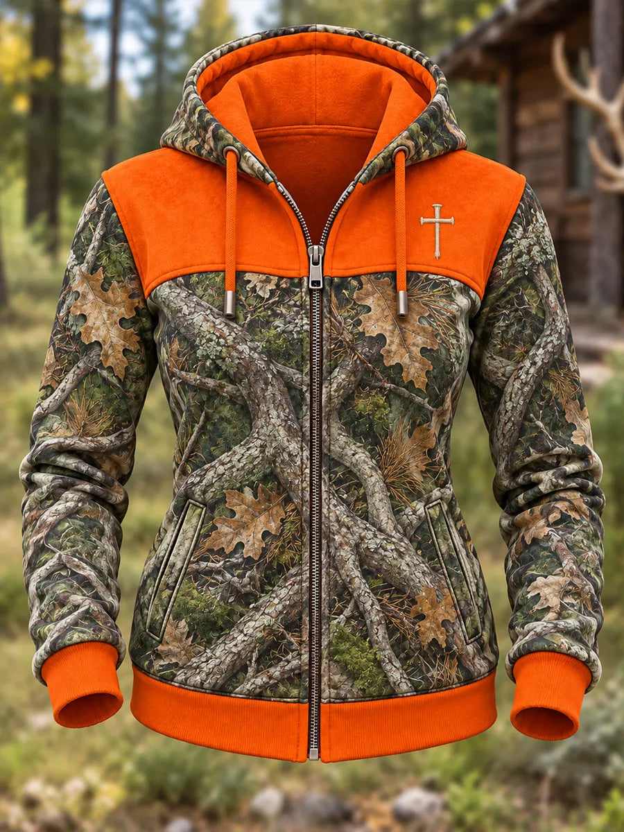 Women's Retro Hunting Culture Faith Art Print Casual Zip-Up Hoodie
