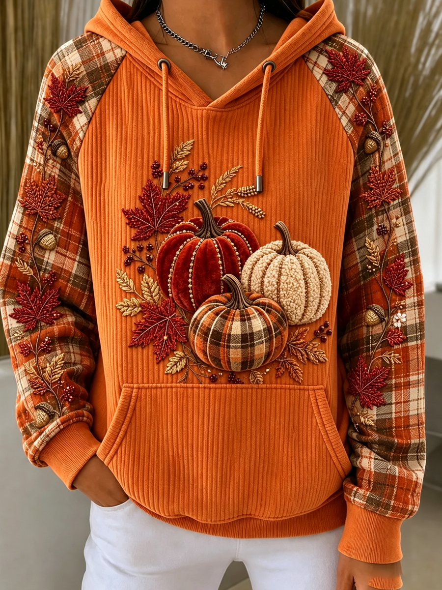 Women'S Retro Lantern Pumpkin Checkered Shoulder Hoodie