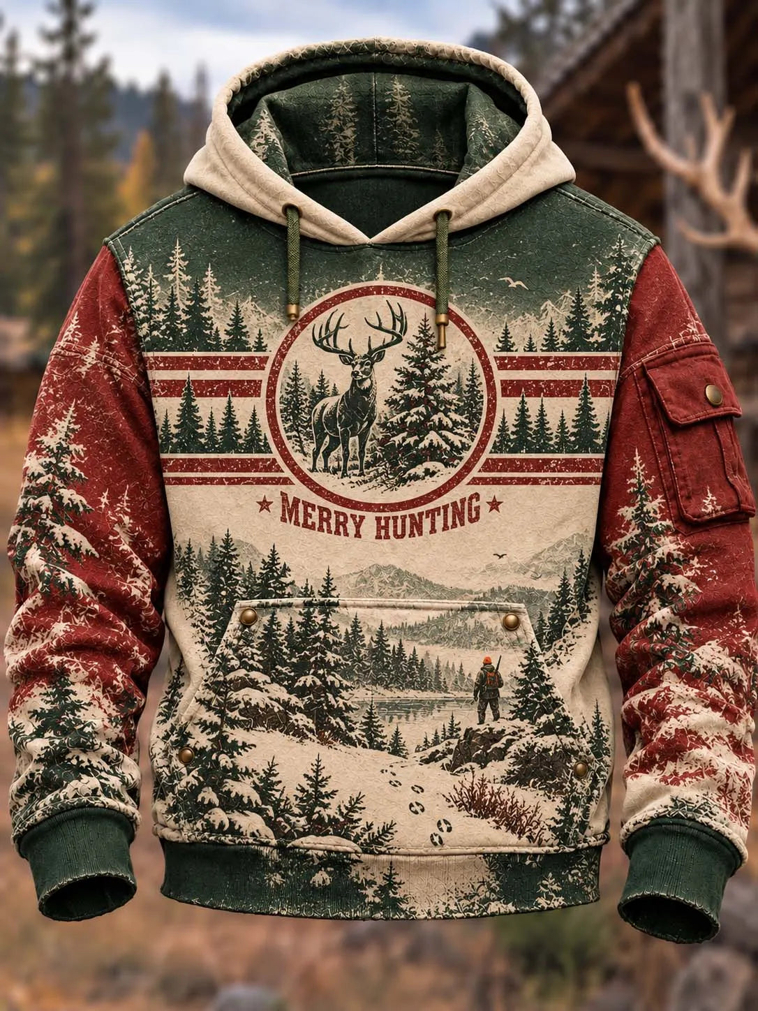 🦌 Vintage Forest Deer "Merry Hunting" Outdoor Scene Hoodie