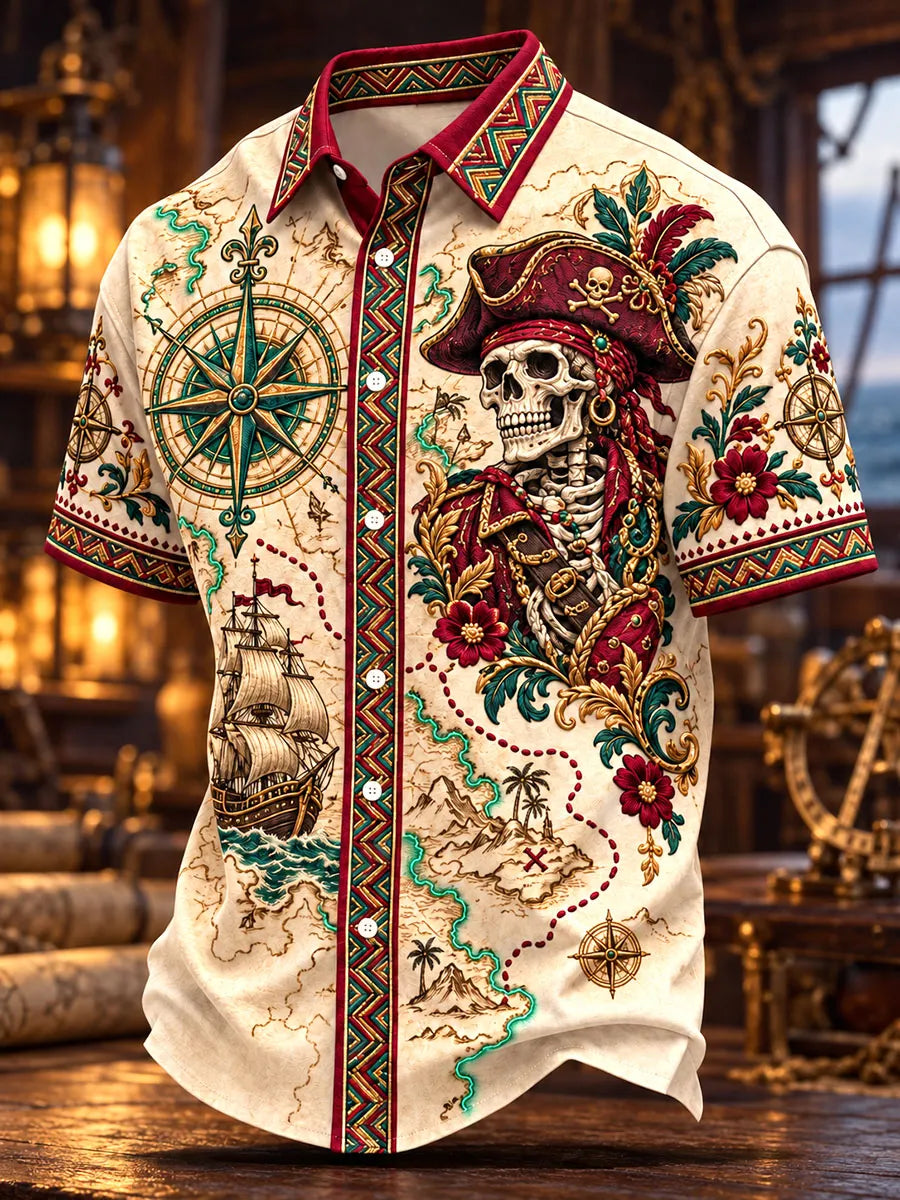 Treasure Map Pirate Skeleton Nautical Short Sleeve Shirt