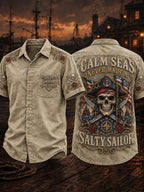 Men’s Vintage Old Salt Pirate Skull Printed Short Sleeve Shirt