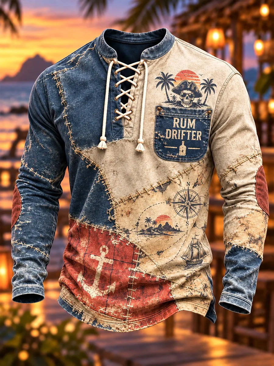 Men's Pirate Map Patchwork Lace-Up Long Sleeve Shirt