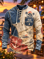 Men's Pirate Map Patchwork Lace-Up Long Sleeve Shirt