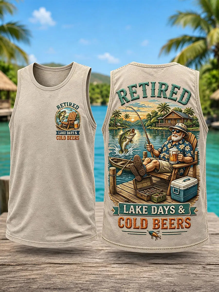 Retired Lake Days & Cold Beers Vintage Fisherman Double-Sided Tank Top