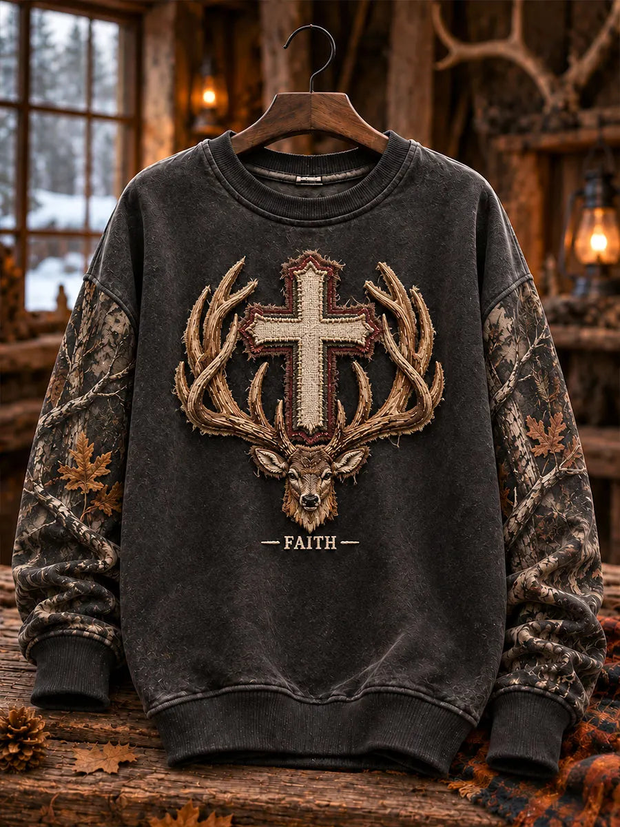 Men's Christian Cross & Deer Antler Hunting Crewneck Sweatshirt