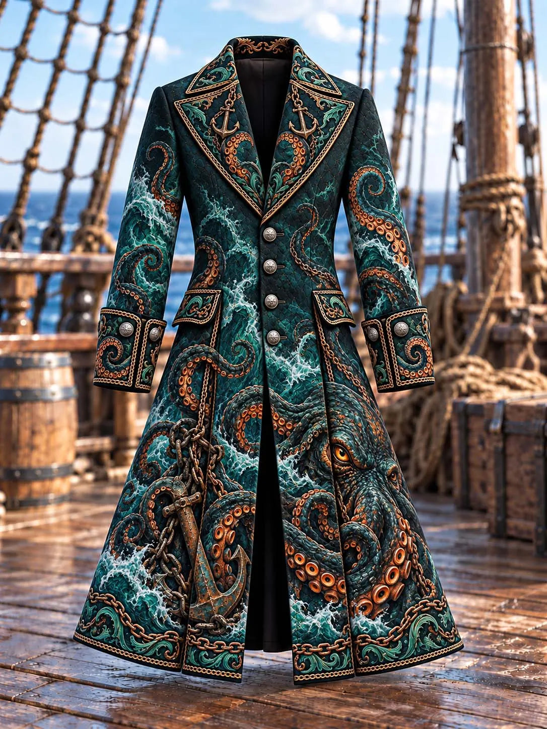 🌊 Deep Sea Ocean Waves & Kraken Tentacles Pirate Coat