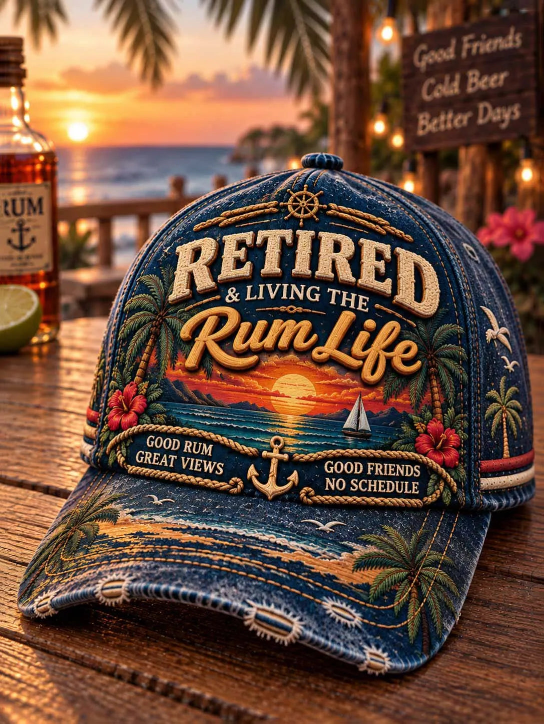 🌴 Retired & Living The Rum Life Denim Baseball Cap 🌅