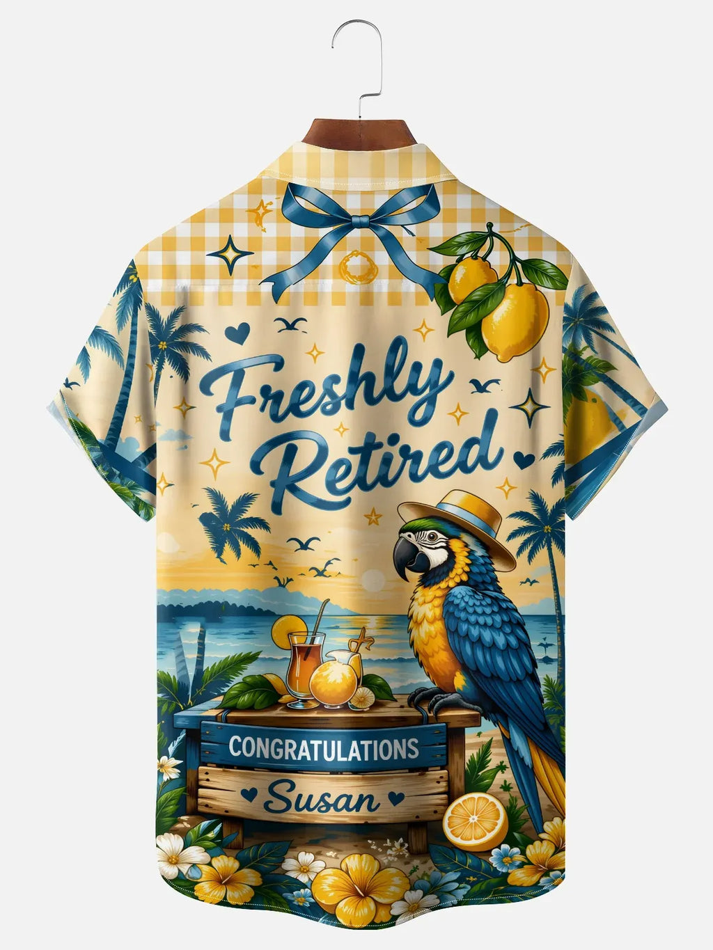 Moisture-Wicking Tropical "Retired Pirate Vacationing Parrot" Slogan Chest Pocket Hawaiian Shirt