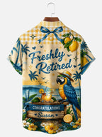Moisture-Wicking Tropical "Retired Pirate Vacationing Parrot" Slogan Chest Pocket Hawaiian Shirt