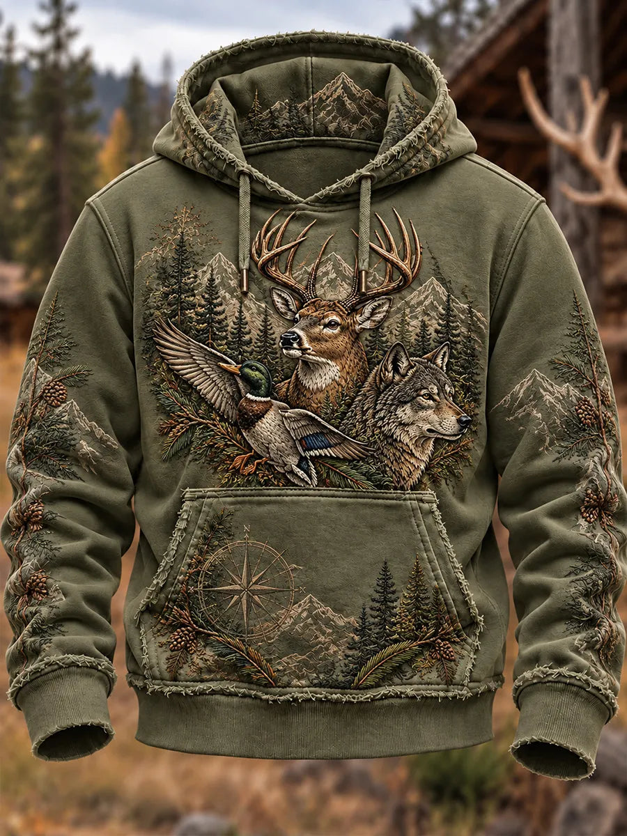 🐺 Wilderness Deer Wolf & Duck Compass Hoodie