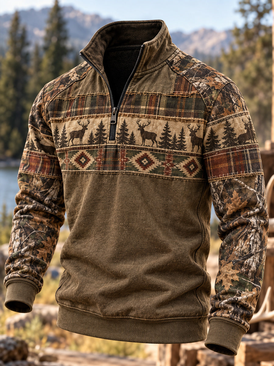 Men's Retro Hunting Culture Print Casual Zip-Up Sweatshirt