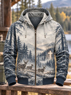 Men’s Snowy Forest Deer & Cross Print Full-Zip Hoodie