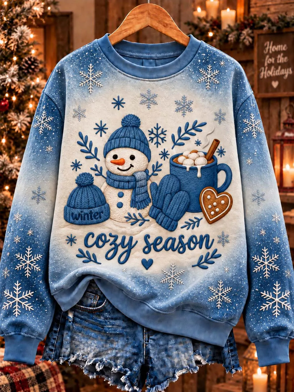 ☕ "Cozy Season" Cute Snowman & Hot Cocoa Blue Gradient Sweatshirt
