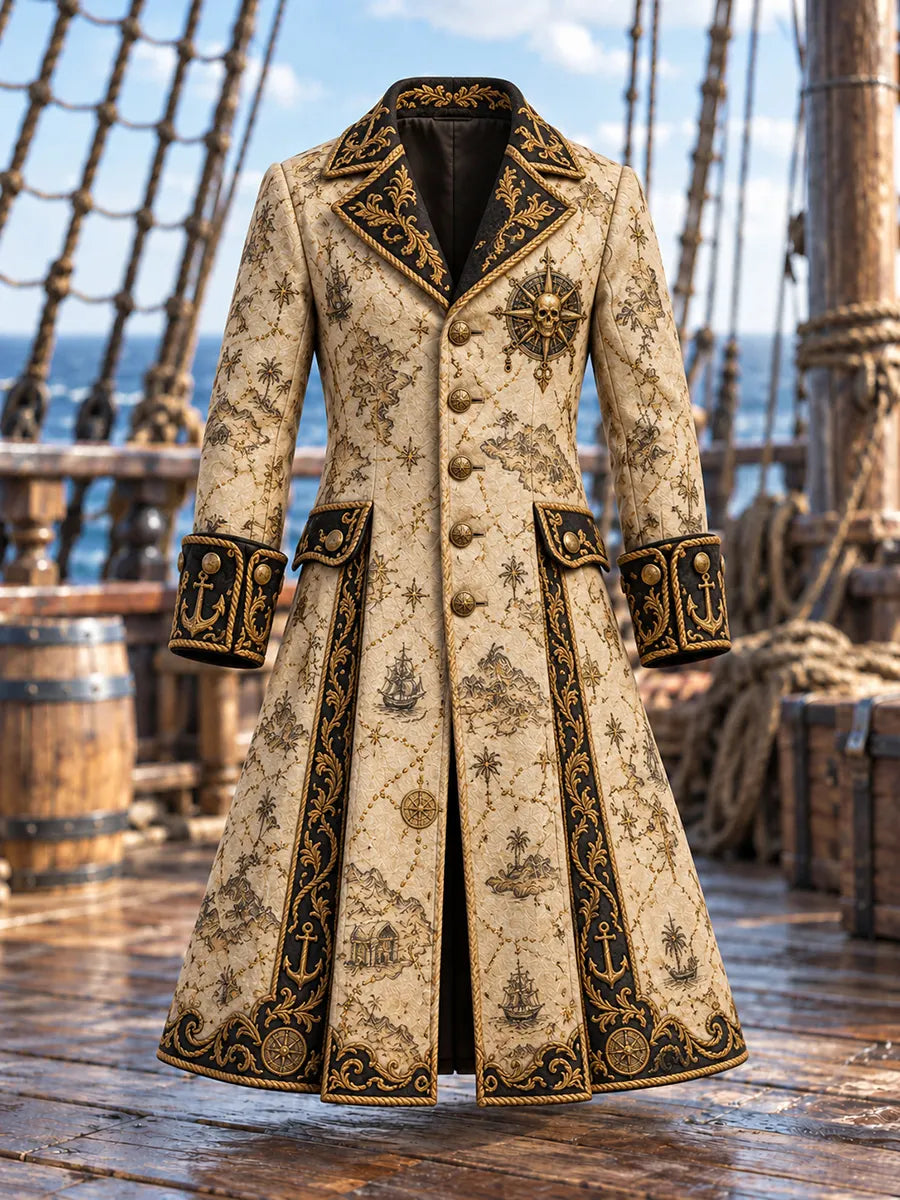🧭 Men's Navigational Map & Skull Compass Pirate Coat
