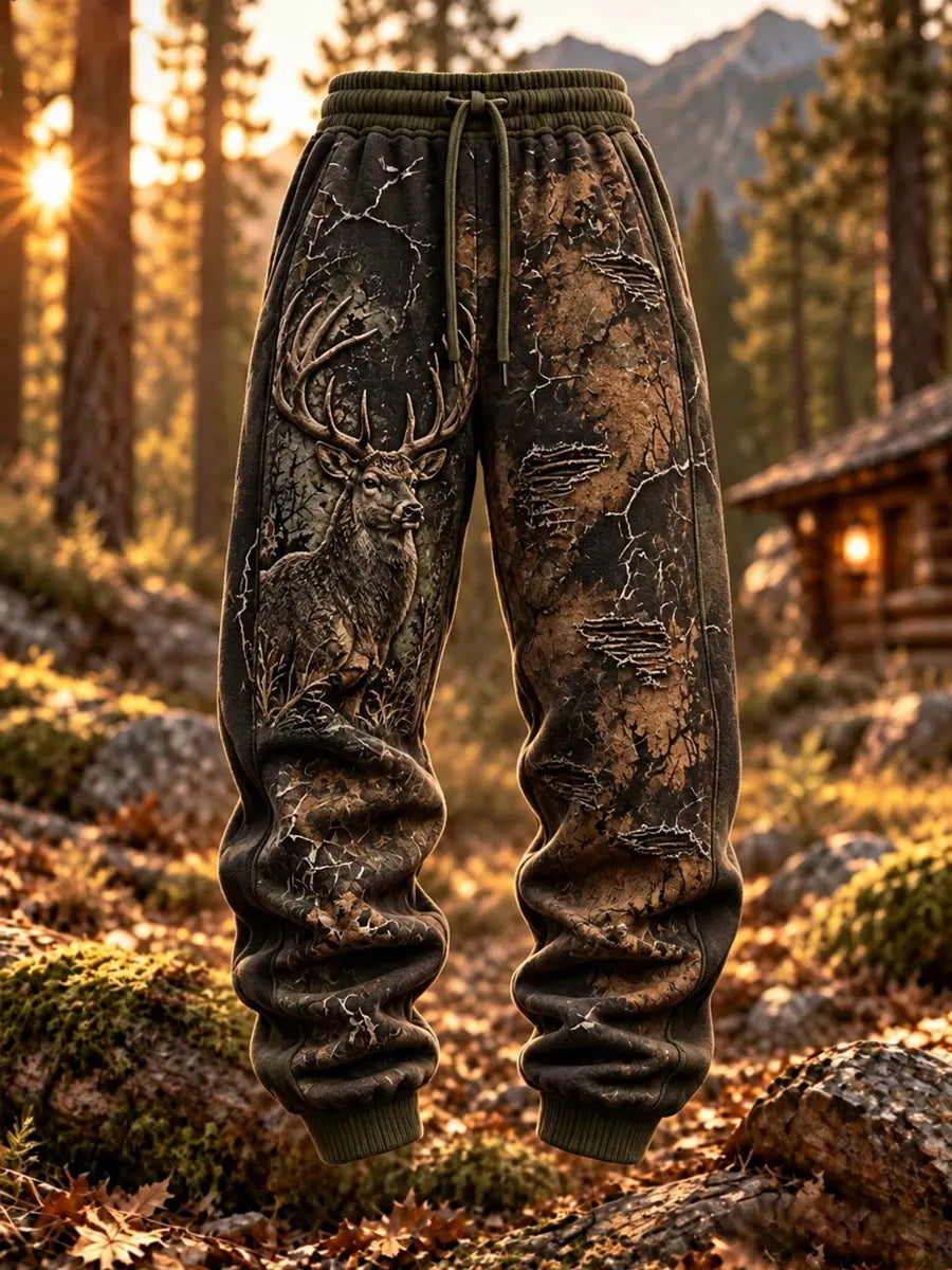 Men’s Retro Deer Hunting Relaxed Wide-Leg Drawstring Pants