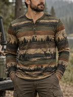Men’s Retro Hunting Culture Print Casual Long Sleeve Henley Shirt
