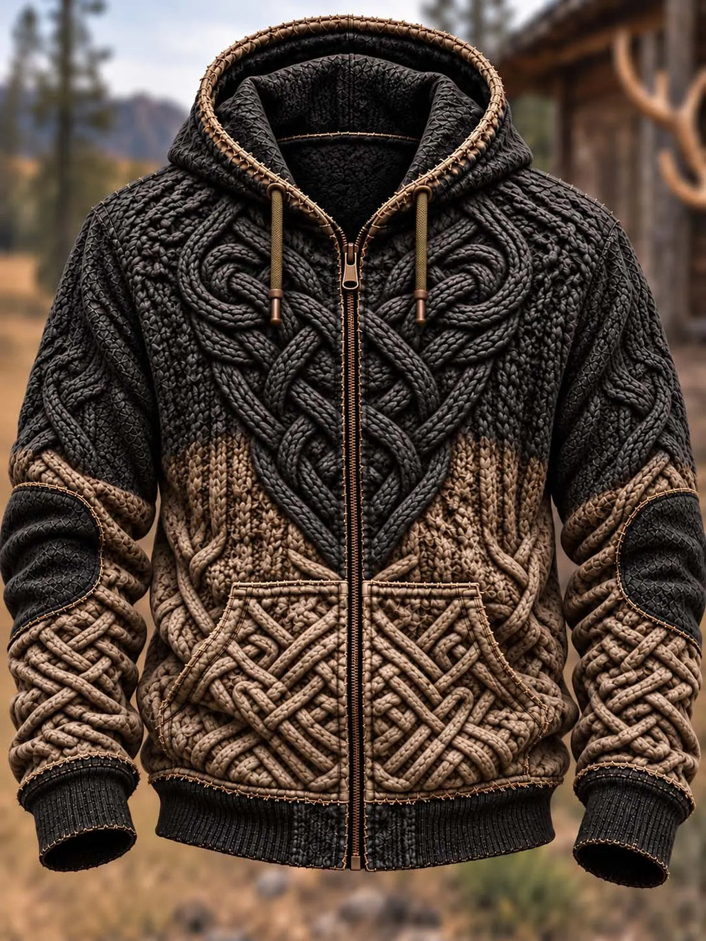 🛡️ Celtic Knotwork & Braided Texture Charcoal & Tan Hoodie