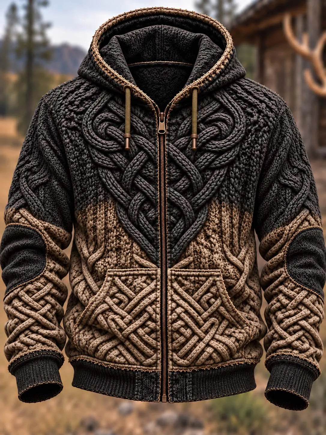 🛡️ Celtic Knotwork & Braided Texture Charcoal & Tan Hoodie