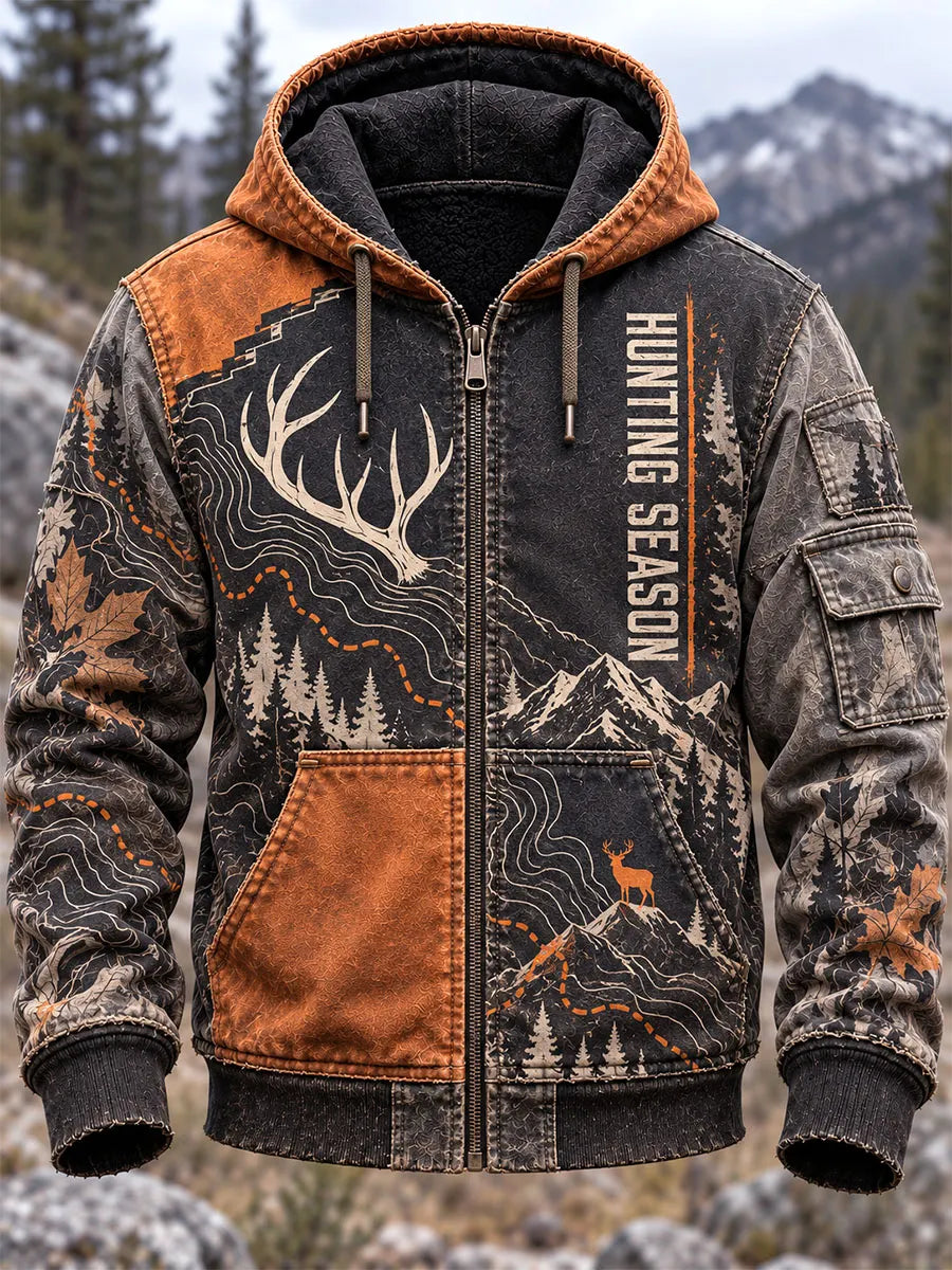 Men's Hunting Antler Topographic Print Zip-Up Hoodie