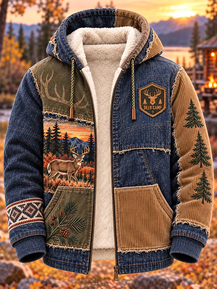 Deer Camp Denim Patchwork Sherpa-Lined Full-Zip Hoodie