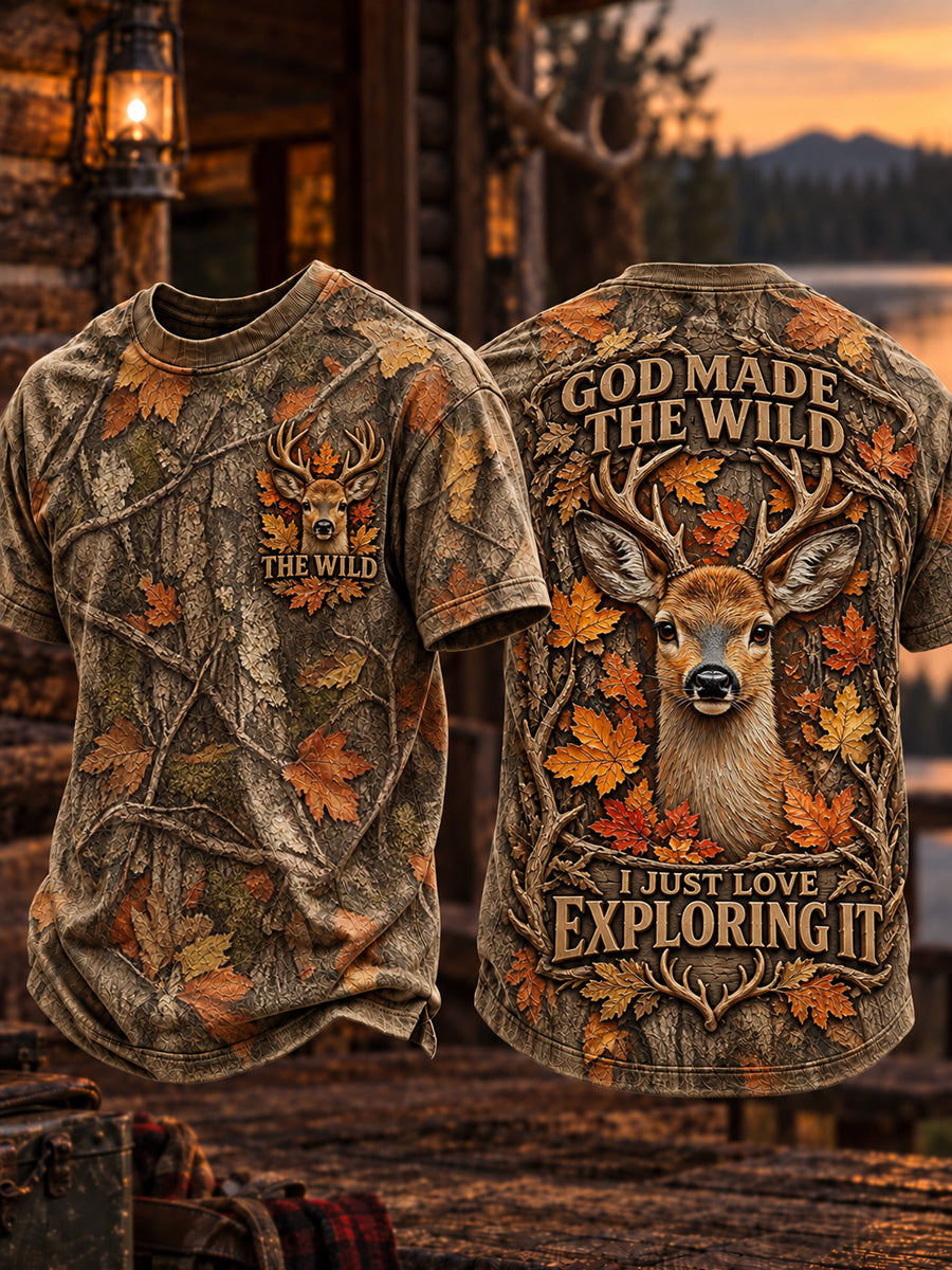 Men’s Retro “GOD MADE THE WILD · I JUST LOVE EXPLORING IT” Hunting Season Printed T-Shirt