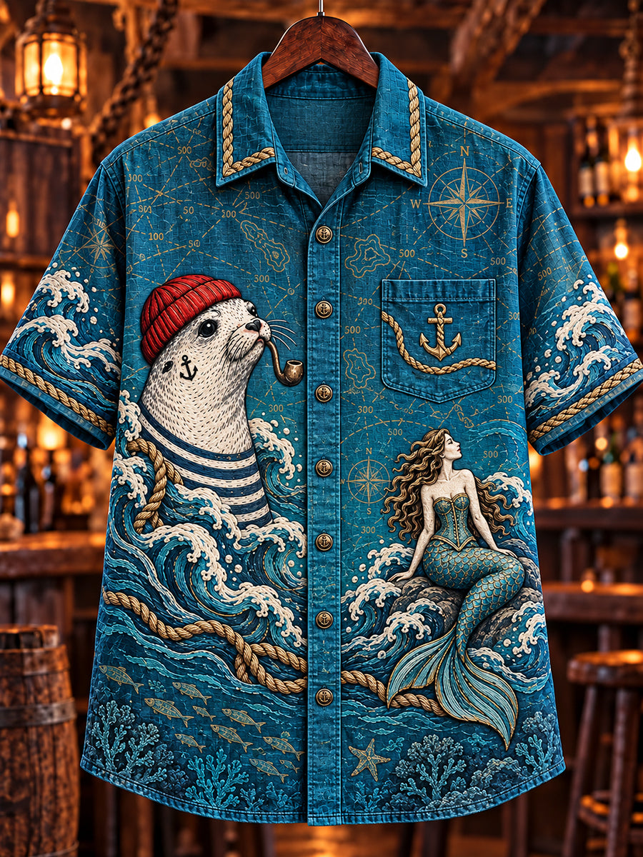 🌊"Mermaid & Sailor Seal" Nautical Fantasy Denim Shirt🦭