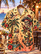 Men's Tropical Christmas Pirate Skull & Anchor Print Short Sleeve Shirt