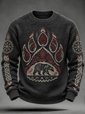 Men's casual faux-knit sweater with a retro Viking-style bear claw pattern