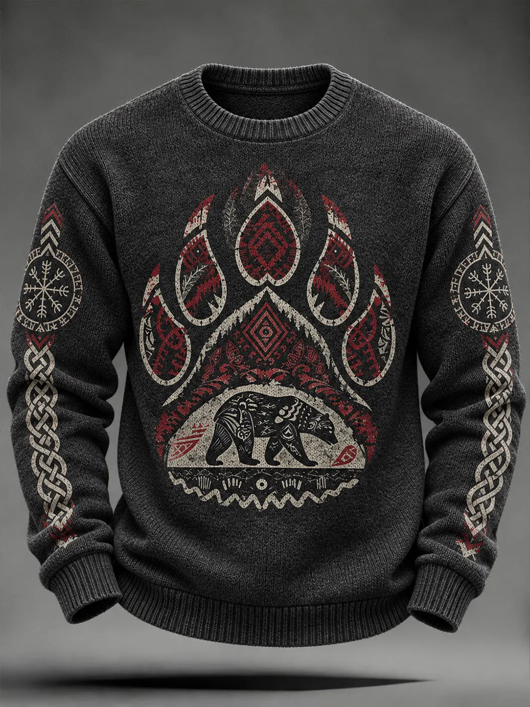 Men's casual faux-knit sweater with a retro Viking-style bear claw pattern