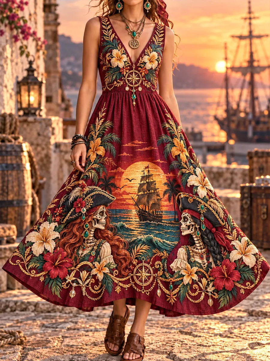 Twin Pirate Skeleton Nautical Sunset V-Neck Dress