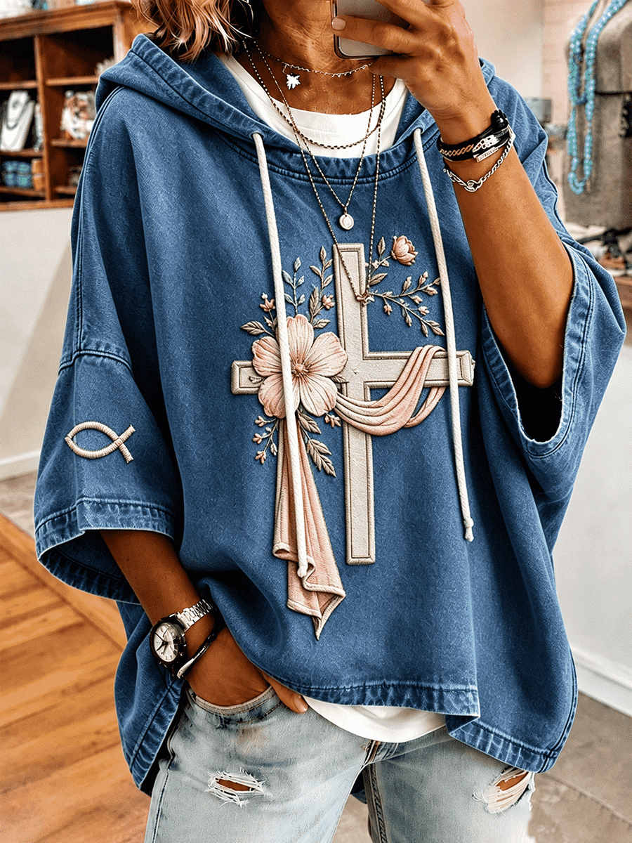 Women's Floral Ribbon Cross Fish Symbol Sleeve Embroidery Short Sleeve Hoodie