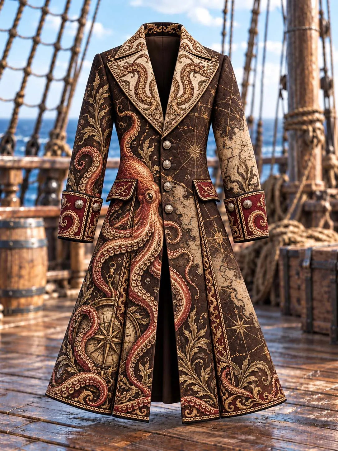 🐙 Vintage Nautical Map & Kraken Octopus Trench Coat
