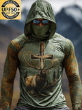 Men's Raglan Sleeve Finger Gloves Face Mask Vintage Wilderness Elk Cross Faith Print Sun Protection Clothing