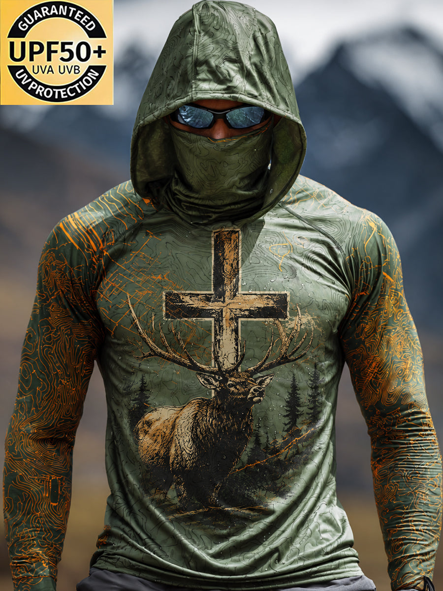Men's Raglan Sleeve Finger Gloves Face Mask Vintage Wilderness Elk Cross Faith Print Sun Protection Clothing