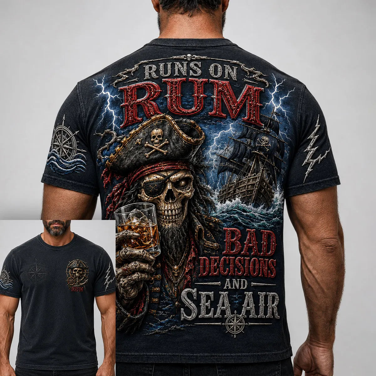 Men’s Runs on Rum Bad Decisions and Sea Air Pirate Skeleton Graphic T-Shirt