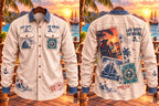 Men's Vintage Pirate Nautical Postcard Print Double Pocket Long Sleeve Shirt