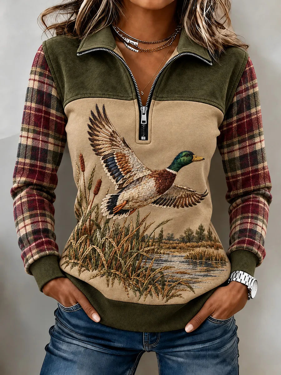 Women's Vintage  Retro Hunting Culture Faith Art Print Colorblock Half-Zip Sweatshirt