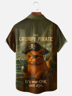Moisture Wicking Fun Pirate Cat Parrot Chest Pocket Holiday Hawaiian Shirt