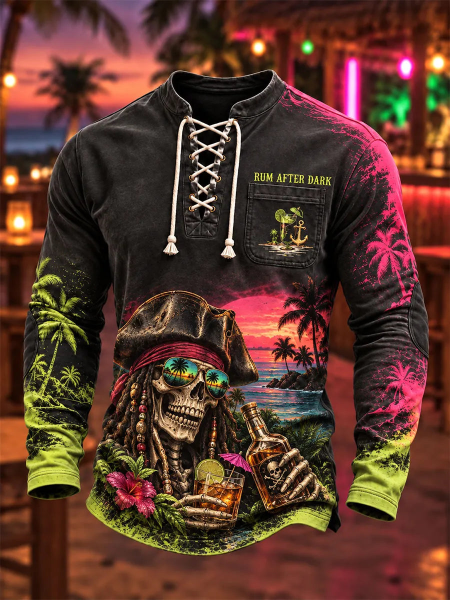 Neon Pirate Skull Lace-Up Long Sleeve Shirt